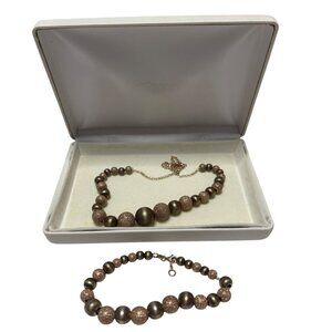 Vintage JCPenney Gold Bronze Beaded 16" Necklace Bracelet Set Sparkle Gift Box